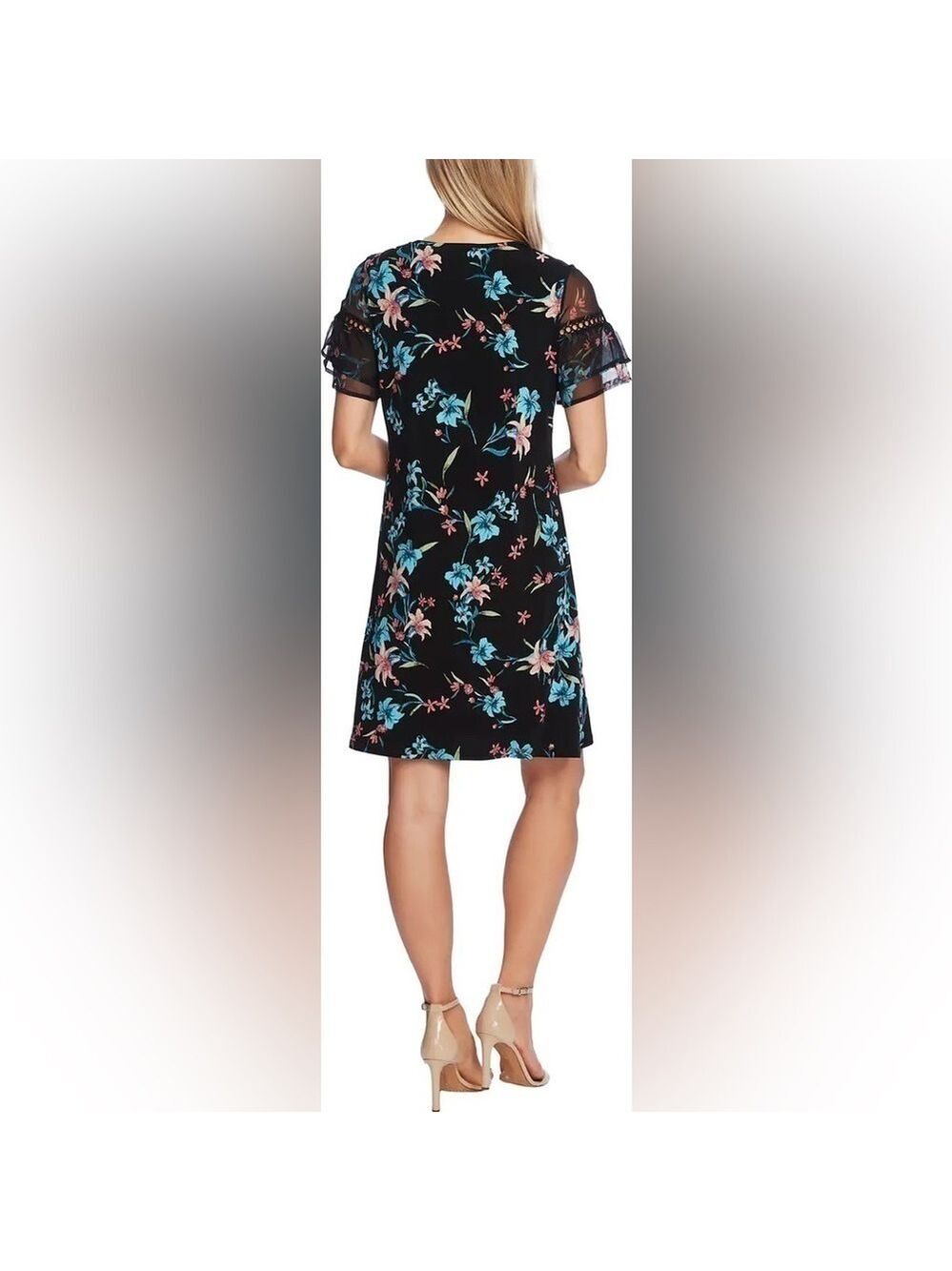 CeCe Expressive Lillies Ruffle Sleeve Mixed Media Minidress NWOT - Picture 2 of 8